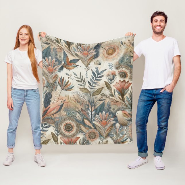 Couverture Polaire Mélange bohème turquoise, magenta, violet sur crèm (En situation)