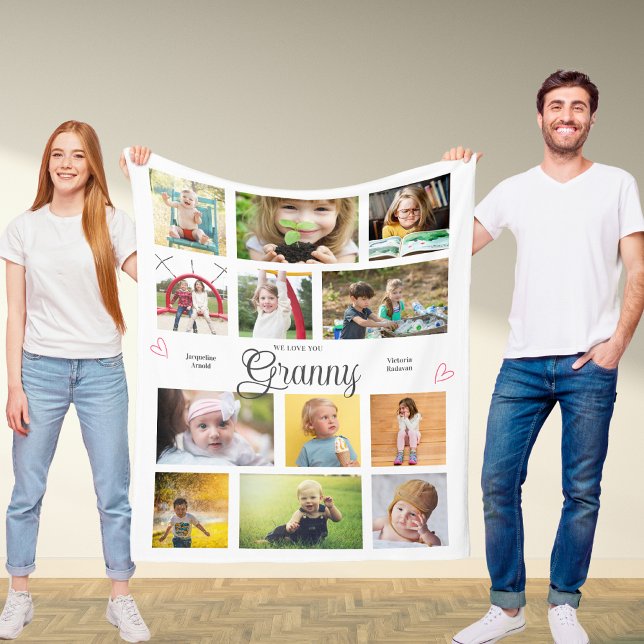 Couverture Polaire Mémé on t'aime coeurs personnalisés moderne (Granny we love you custom fleece blanket with favorite photos and personalized text.)