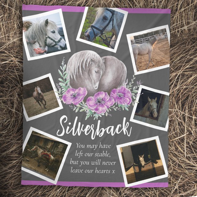 Couverture Polaire Mémorial des chevaux gris fleurs de pavot pourpre  (Créateur téléchargé)