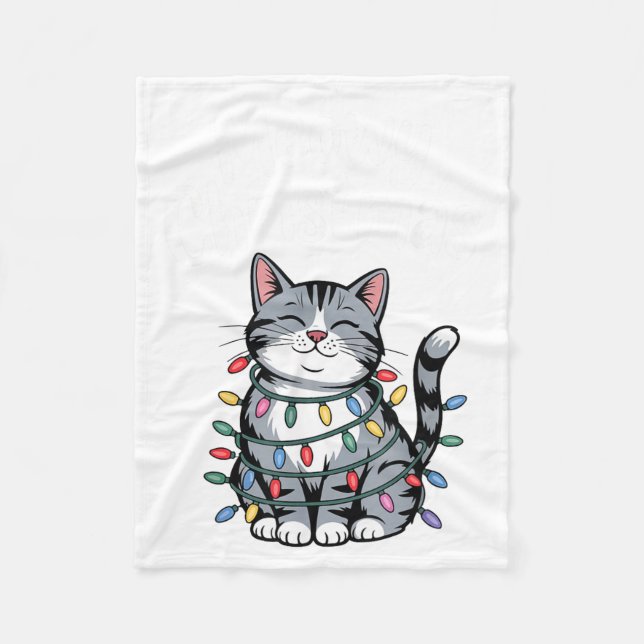 Couverture Polaire Meowy Christmas Cute Gray Tabby Cat Holiday Lights (Devant)