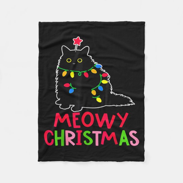 Couverture Polaire Meowy Christmas Xmas Lights Black Cat Pajamas Fami (Devant)