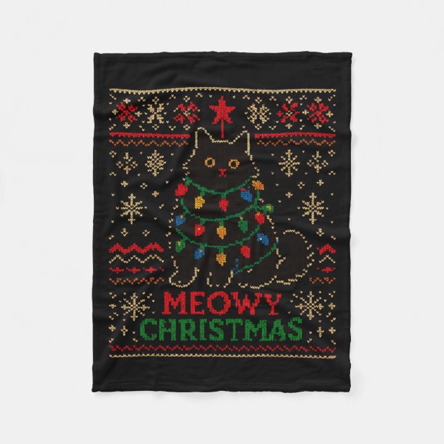 Couverture Polaire Meowy Christmas Xmas Lights Cat Ugly Sweater Pajam (Devant)
