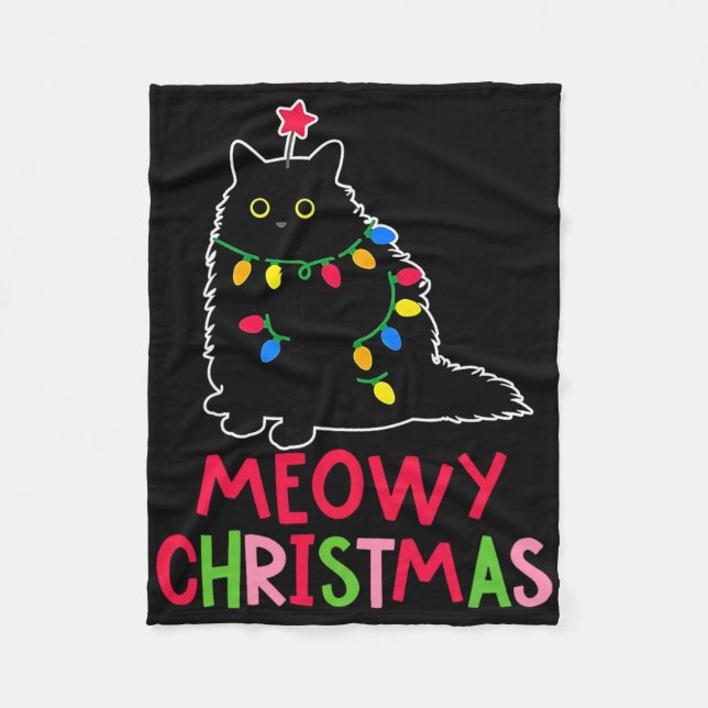 Couverture Polaire Meowy Noël Xmas Lumières Chat Noir Pyjama Fami (Devant)