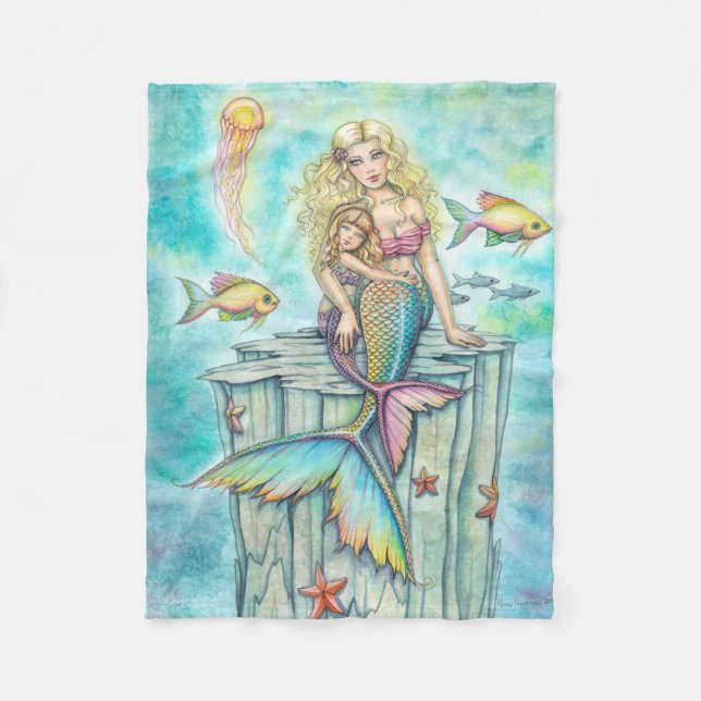 Couverture Polaire Mère et fille mignonnes, illustration de sirène fa (Devant)