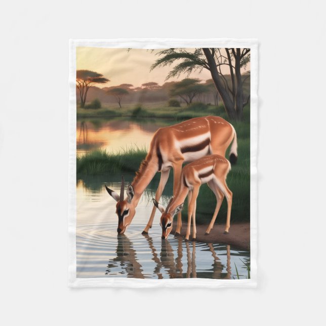 Couverture Polaire Mère gazelle et petit buvant au point d'eau Blan (Devant)