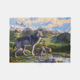 Couverture Polaire Mère Wolf & Pups Mountain River Valley
