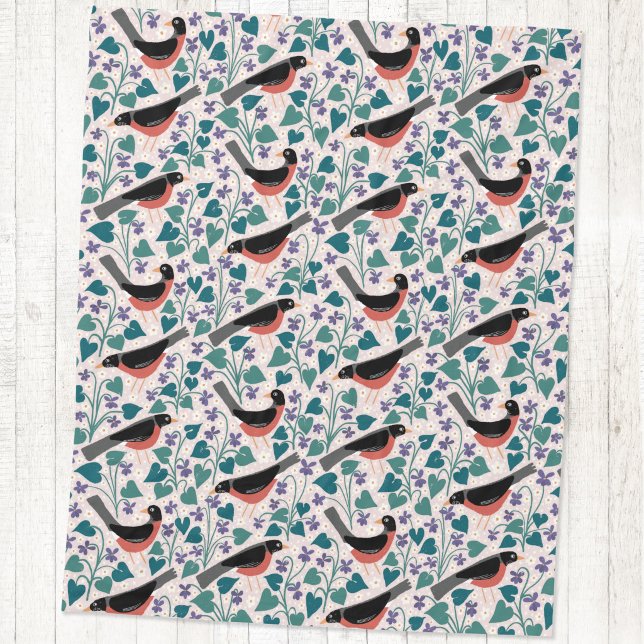 Couverture Polaire Merle américain Anémone Violette Oiseau Fleur (American robin redbreast bird wood violet anemone flower arts and crafts style block print blanket)