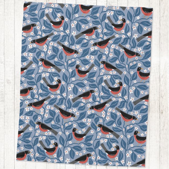 Couverture Polaire Merle américain Fleur de Pommier Oiseau Fleur (American robin redbreast apple blossom bird flower arts and crafts style block print fleece blanket)