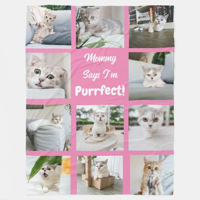 Couverture Polaire Mignon Je suis Purrfect Chat Collage photo rose (Devant)