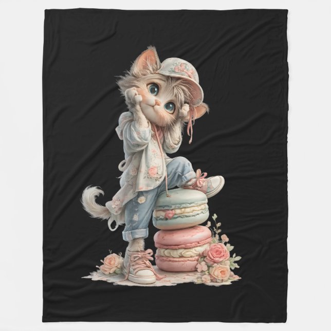 Couverture Polaire Mignon pastel adorable chat & douceurs macarons co (Devant)