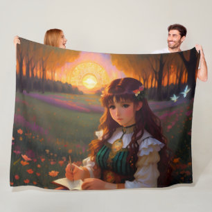 Couverture Polaire Mignonne Sad Anime Style Femme dans le pré au couc