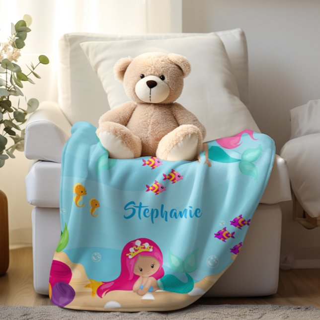 Couverture Polaire Mignonne sirène fille personnalisée sous la mer (Cute Mermaid Personalized Girly Under the Sea Fleece Blanket)
