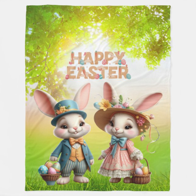 Couverture Polaire Mignonne, Whimsical Joyeuse Pâques avec 2 lapins (Devant)