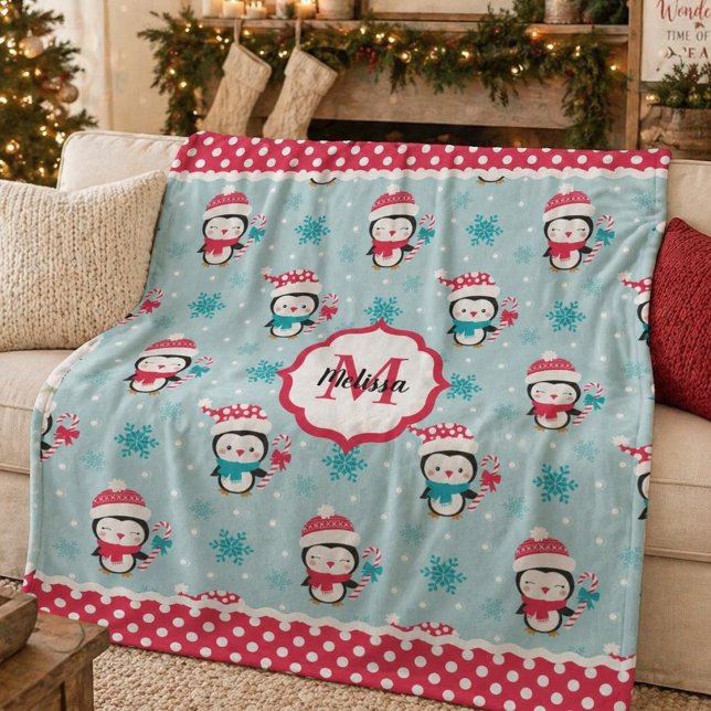 Couverture Polaire Mignons enfants Noël hiver manchot (A cute Christmas penguin and polkadots kids monogram blanket)