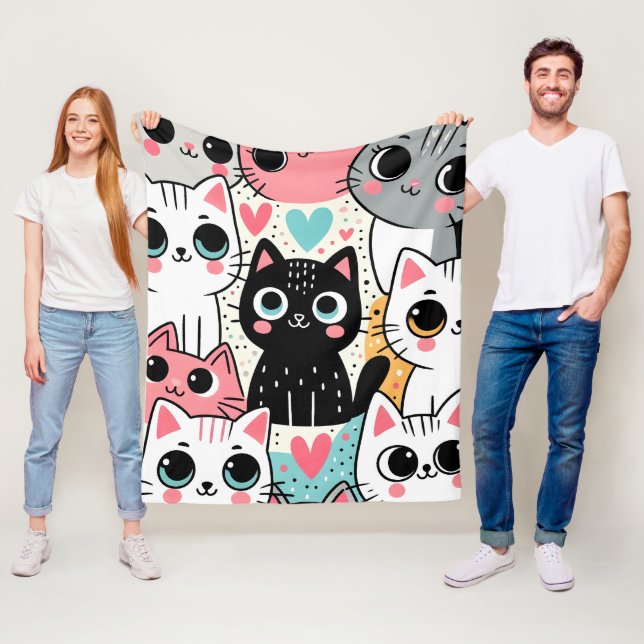 Couverture Polaire Mignons visages de chat Kawaii et cœurs fantaisist (En situation)