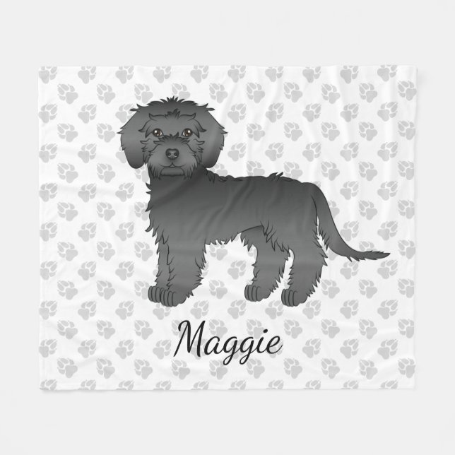 Couverture Polaire Mini Goldendoodle noir de dessin animé & nom (Devant (Horizontal))