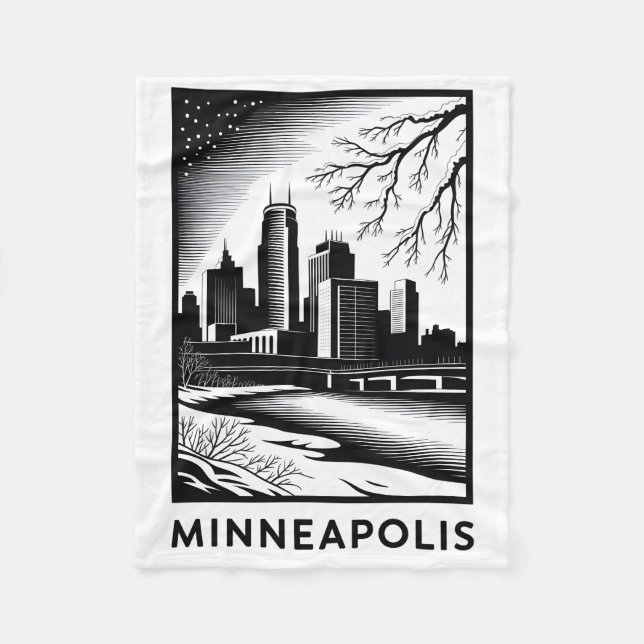 Couverture Polaire Minneapolis Skyline Black and White Woodcut Winter (Devant)