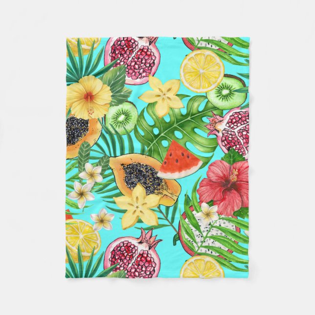 Couverture Polaire Mix-fruit tropical, fleurs et feuilles en bleu (Devant)