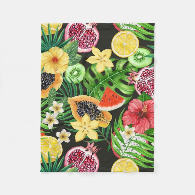 Couverture Polaire Mix-fruits tropicaux, fleurs et feuilles en noir (Devant)