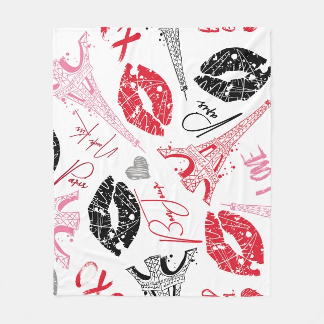 Couverture Polaire Mode Paris, calligraphie motif Tour Eiffel. (Devant)