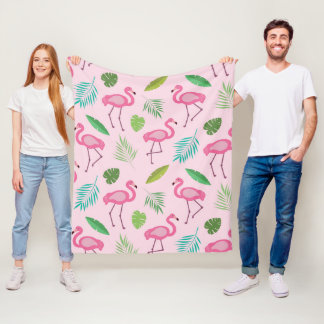 Couverture Polaire Modèle flamand rose avec feuilles tropicaux
