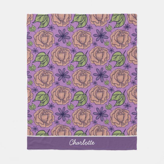 Couverture Polaire Modèle fleuri violet grande fleur avec nom (Devant)