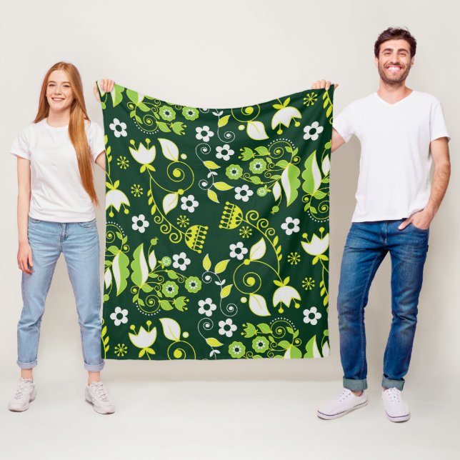 Couverture Polaire Modèle floral scandinave moderne vert foncé (En situation)