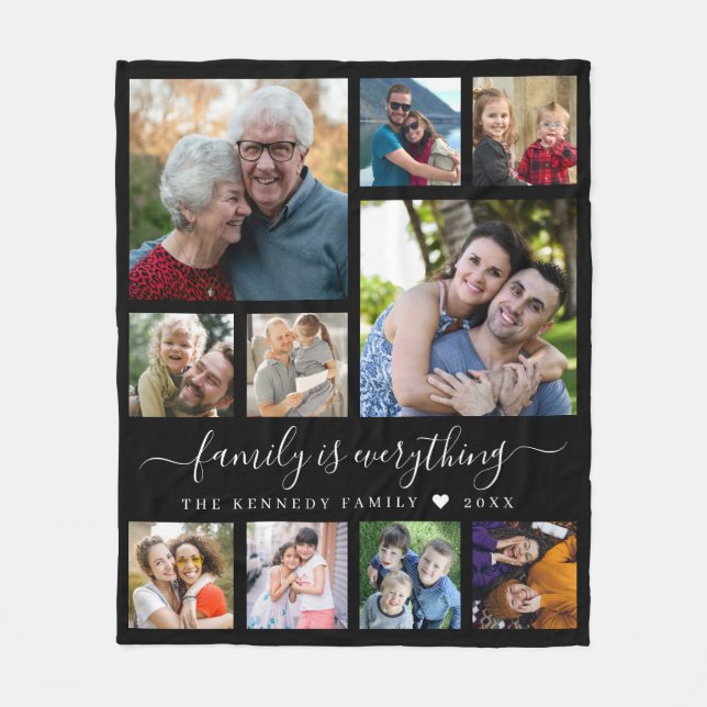 Couverture Polaire Modern 10 Photo Collage Family Name Quote Black (Devant)