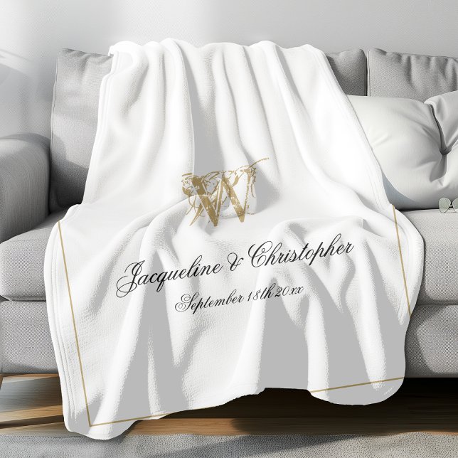 Couverture Polaire Modern Chic Custom Newlywed Keepsake Monogram (Elegant gold monogram with black font names and gold border against white background fleece blanket.)