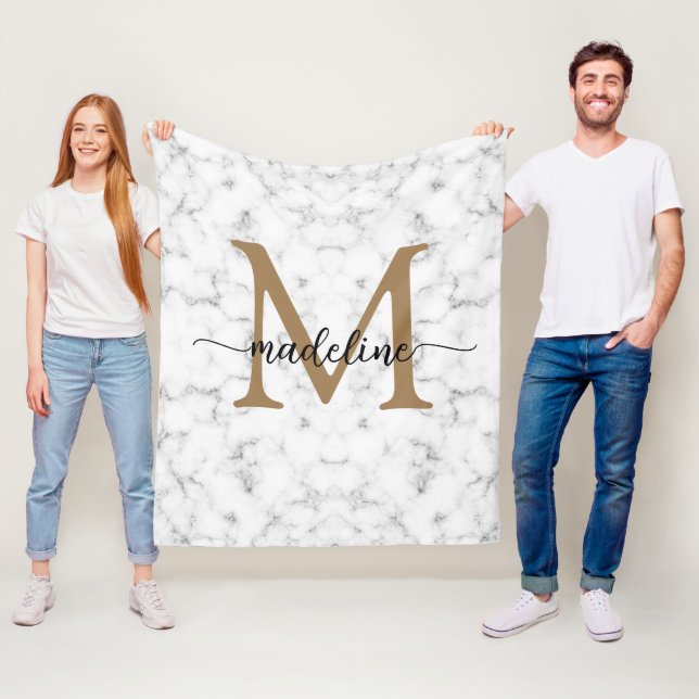 Couverture Polaire Modern Marble Gold Girly Script Monogram (En situation)