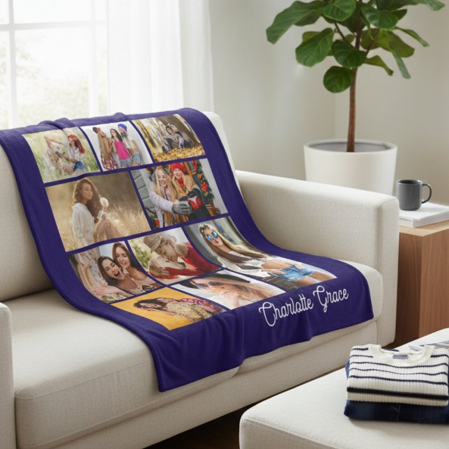 Couverture Polaire Modern Minimalist Blue 10 Photo Collage With Name (Créateur téléchargé)