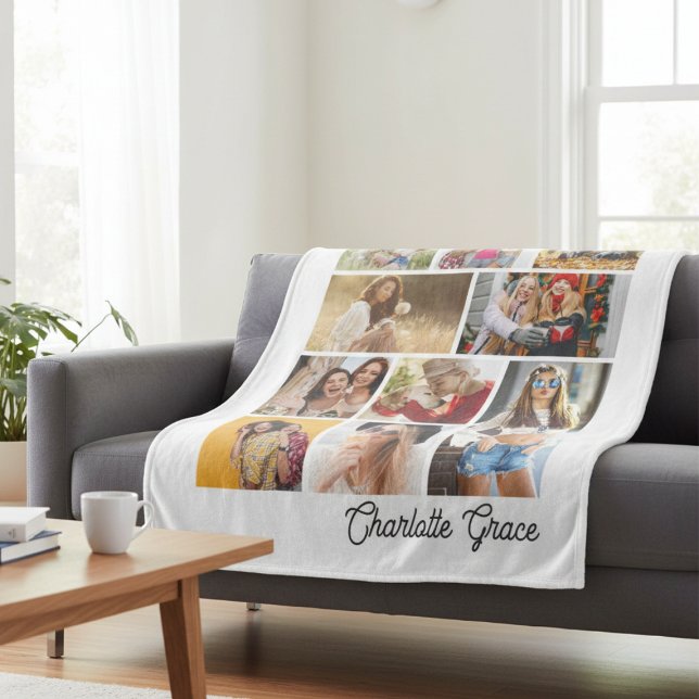 Couverture Polaire Modern Minimalist White 10 Photo Collage With Name (Créateur téléchargé)