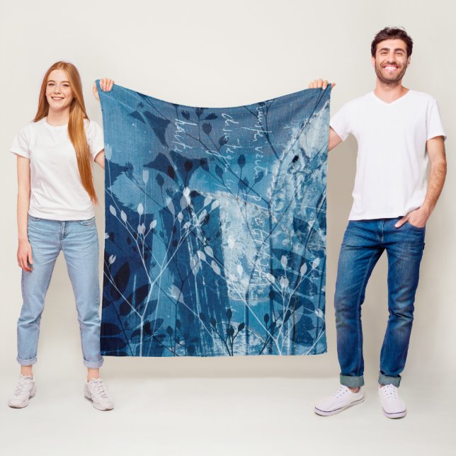 Couverture Polaire Moderne Bleu Cyanotype Foliage Botancien (En situation)