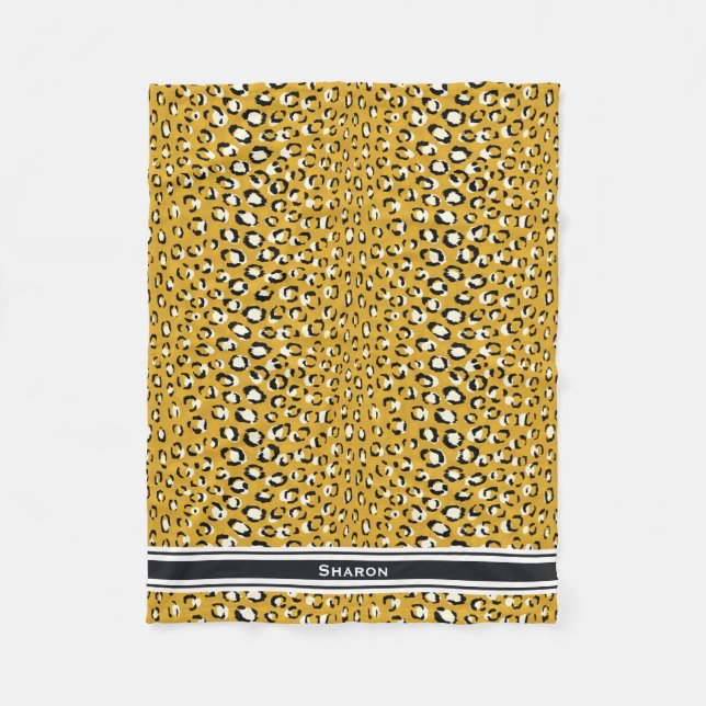 Couverture Polaire Moderne chic imprimé guépard doré à monogramme (Devant)