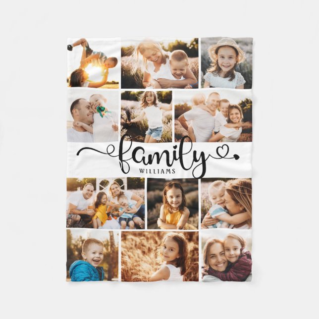 Couverture Polaire Moderne Family Script Hearts Photo Collage Chic (Devant)