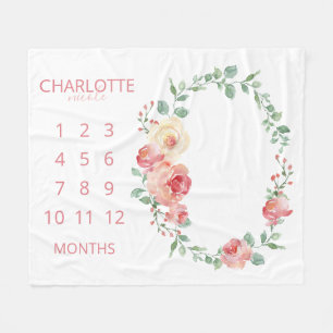 Couverture Polaire Mois Bébé rose pâle Floral Monogramme