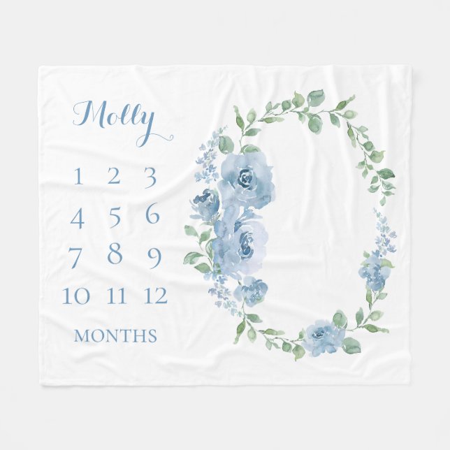 Couverture Polaire Mois de bébé bleu floral monogrammé (Devant (Horizontal))