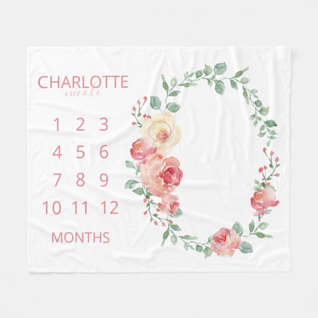 Couverture Polaire Mois de bébé Blush Rose Floral Monogrammé (Devant (Horizontal))