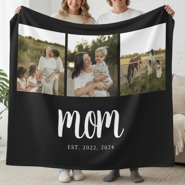 Couverture Polaire Mom Established Modern Bold Script Black 3 Photo (modern 3 photo black and white script mom established blanket gift for mom mother's day christmas)