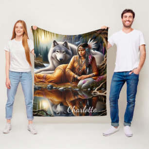 Couverture Polaire Moment tranquille : femme indienne et loup