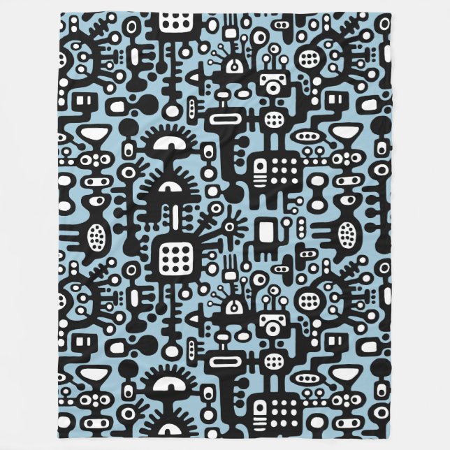 Couverture Polaire Monde mécanoïaque - Noir et blanc avec Bleu Lt (Devant)