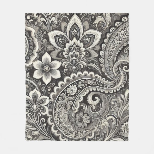 Couverture Polaire Monochrome Floral Paisley Noir & Blanc (Devant)