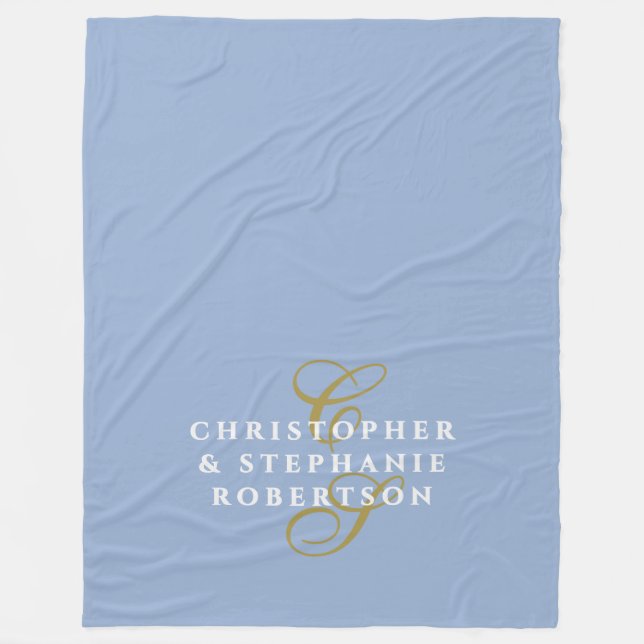 Couverture Polaire Monogram Couple Minimalist Blue Gold White Chic (Devant)