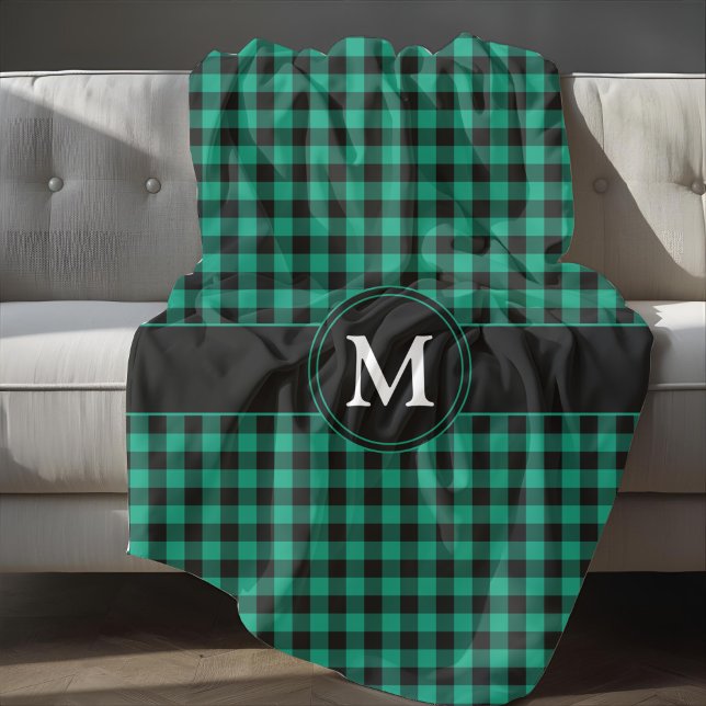Couverture Polaire Monogramme à carreaux écossais vert rustique (Rustic Green Plaid Checks Monogram Fleece Blanket)