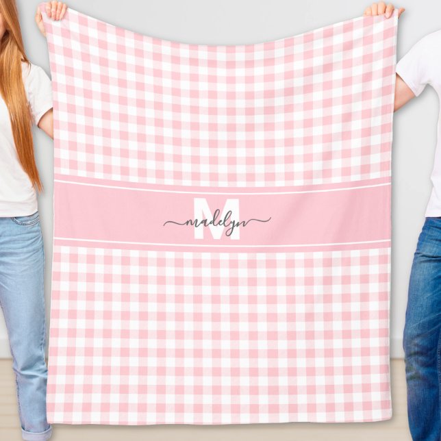 Couverture Polaire Monogramme à carreaux Gingham rose (Pink Gingham Plaid Monogram Fleece Blanket )