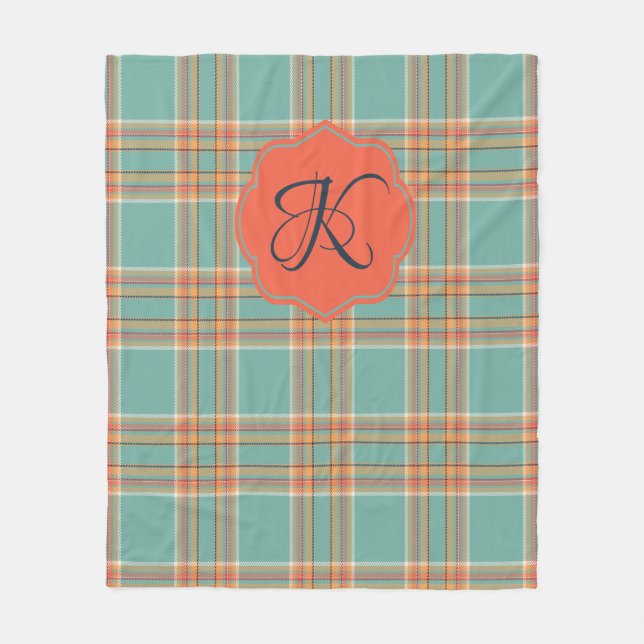 Couverture Polaire Monogramme à couche Turquoise et orange Tartan (Devant)