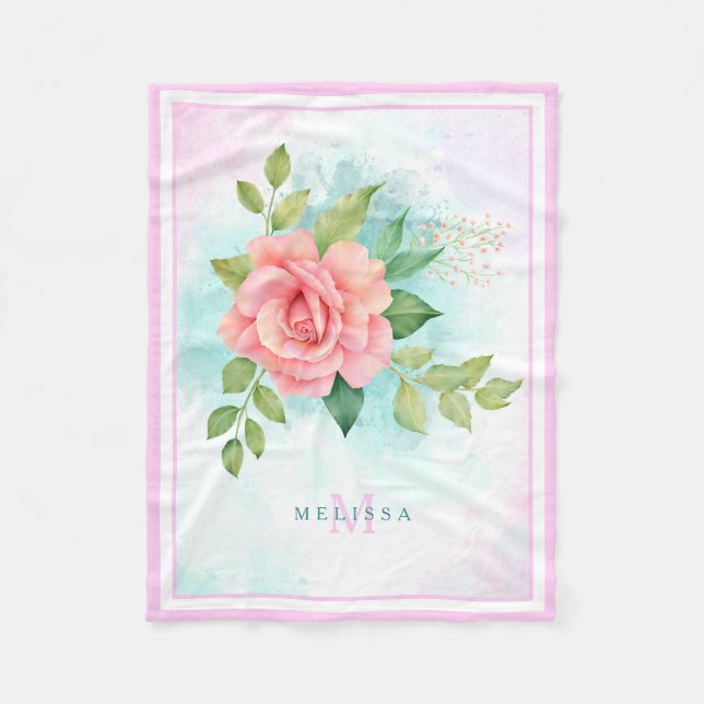 Couverture Polaire Monogramme Aquarelle Turquoise Ombre Rose rose (Devant)