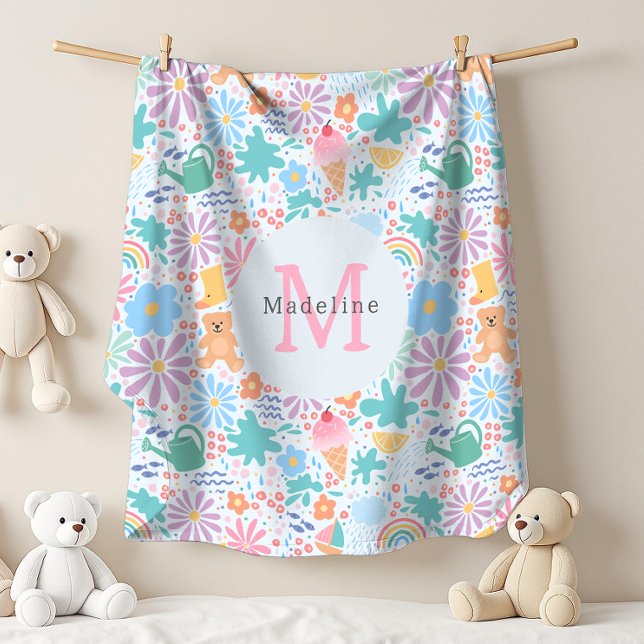 Couverture Polaire Monogramme Arc-en-Ciel Floral Éclaboussure d'Été F (Créateur téléchargé)