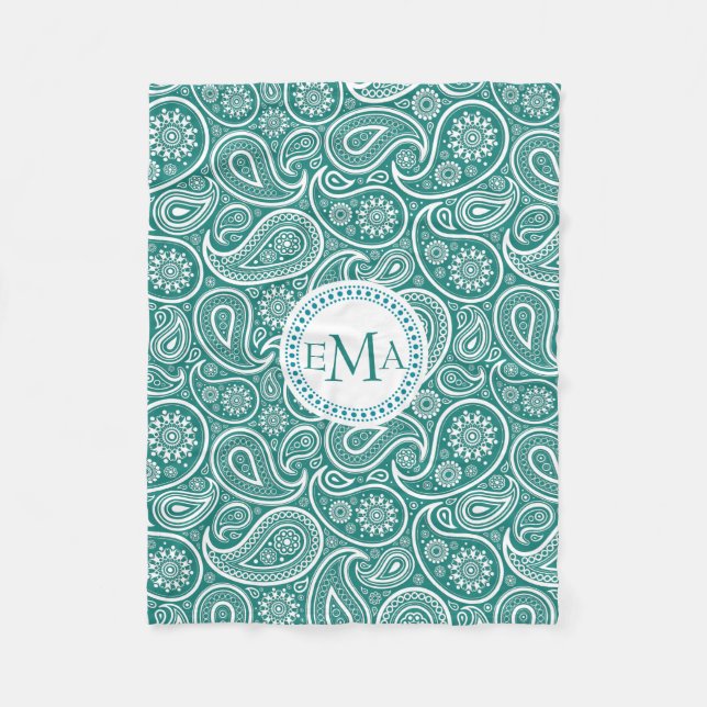Couverture Polaire Monogramme blanc et bleu-vert rétro Paisley (Devant)