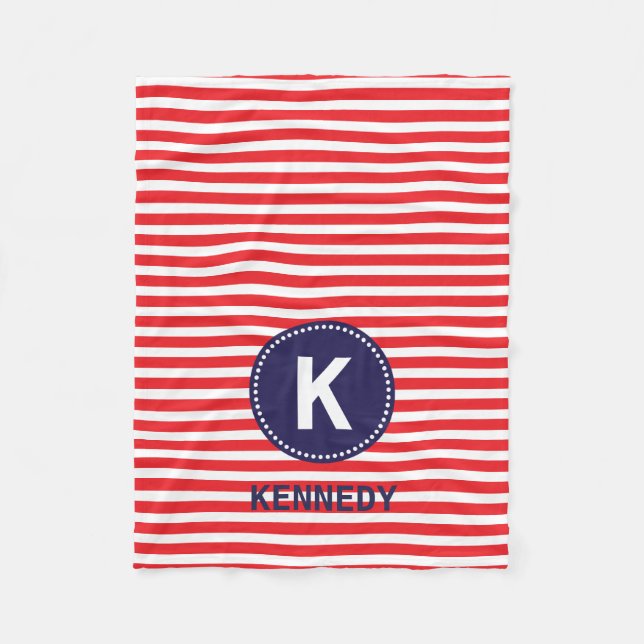 Couverture Polaire Monogramme Blanche rouge rayures et bleu marine (Devant)